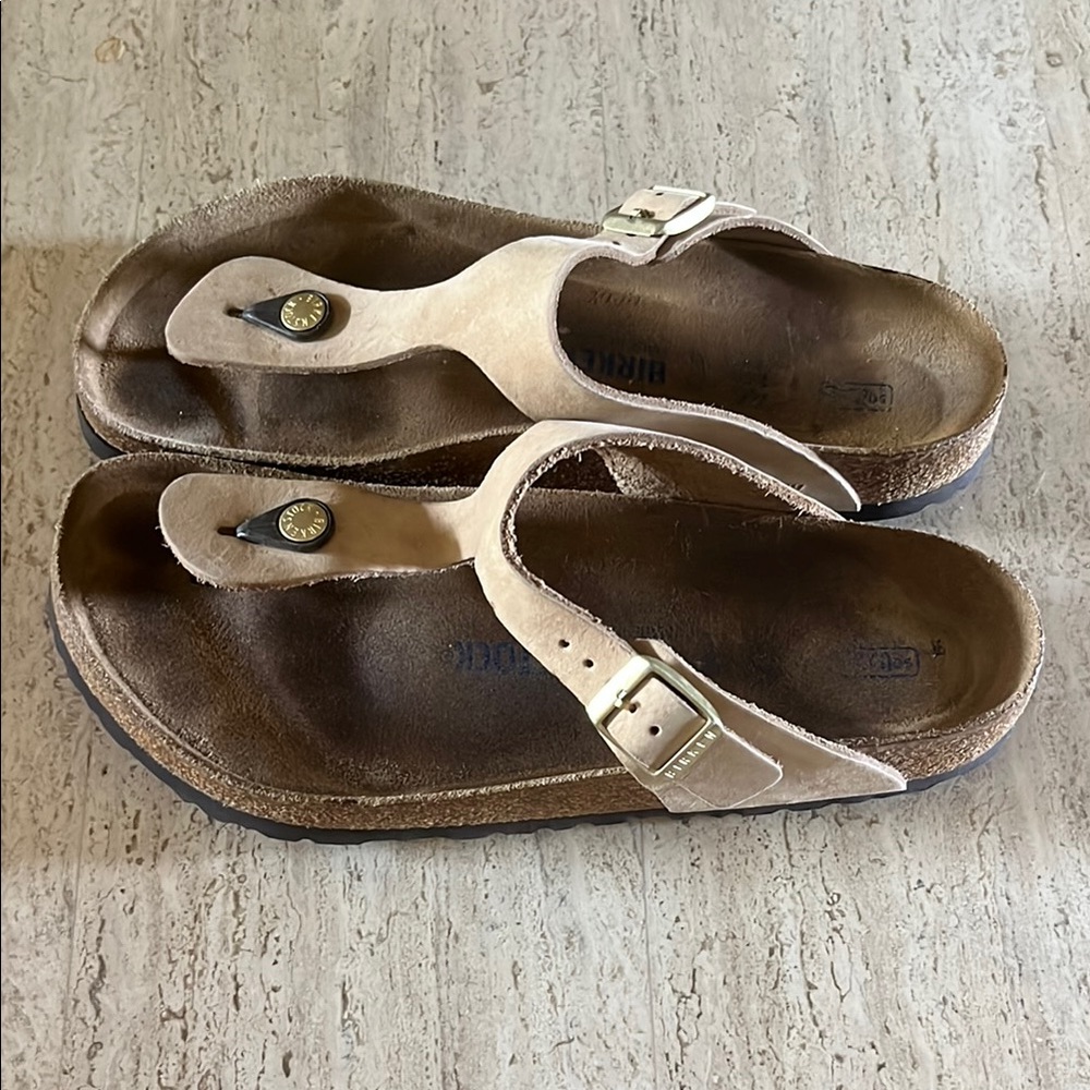 Birkenstock Tan Sandals with Gold Buckle